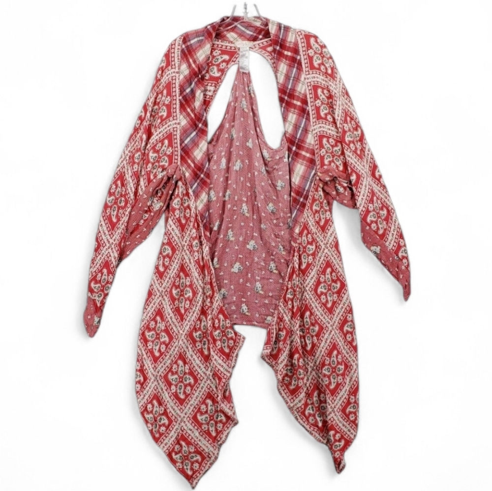 Women’s OS Free People American Pie Patchwork Kimono Red & White Plaid/Paisley